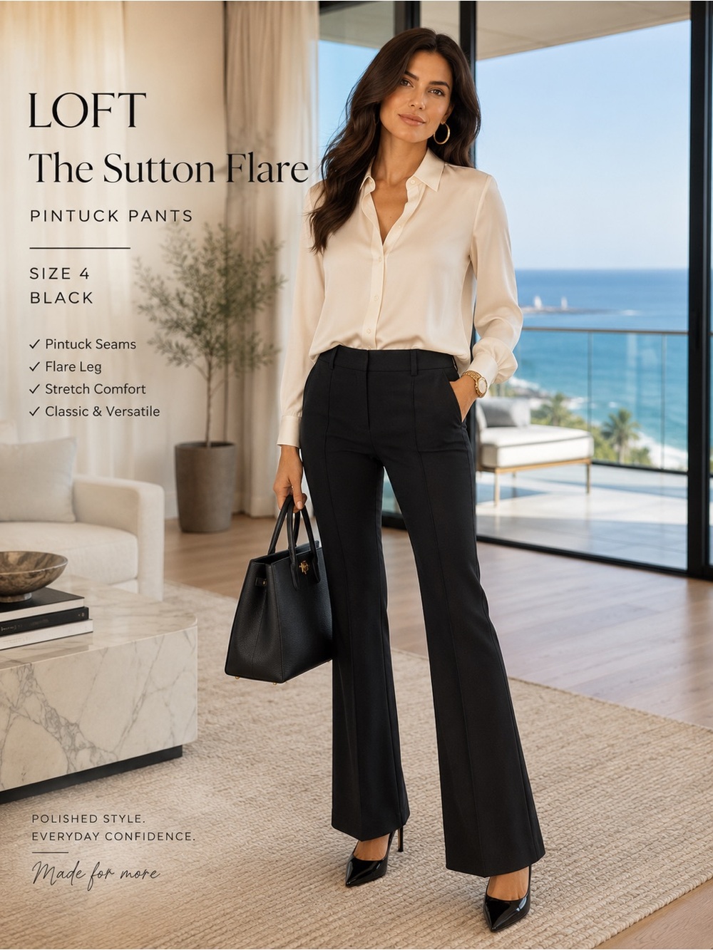 LOFT Sutton Flare Pants Size 4 Black Pintuck Front Seam Stretch